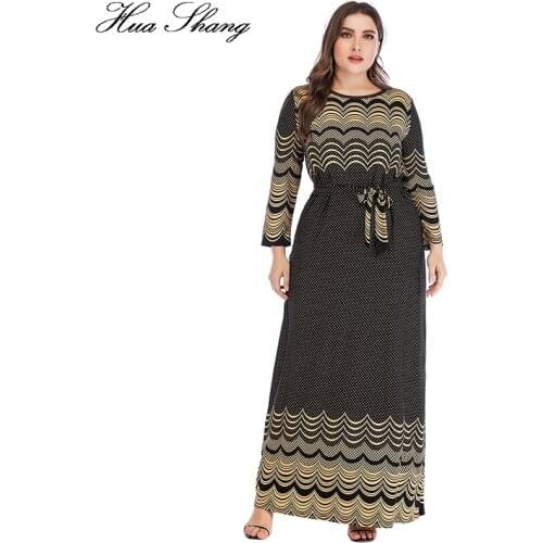 5XL 6XL Plus Size Muslim Abaya Dress Women Winter Long Sleeve Geometric Retro Printing Vintage Dress Tunic Maxi Long Dresses
