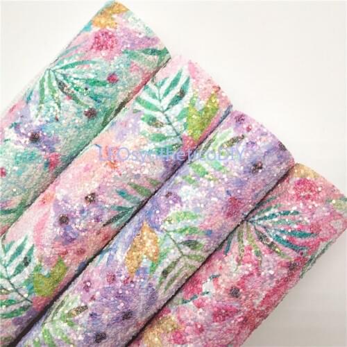 1PC 21X29CM Flowers Printed Glitter Fabirc, Chunky Glitter Leather, Glitter Leather Sheets For Making Bows LEOsyntheticoDIY T289