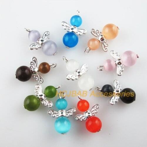 20 New Angel Charms Silver Plated Wings Mixed Stone Beads Pendants 16x26mm