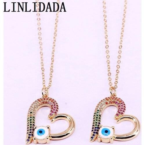 8Pcs Gold Filled Blue Eye Jewelry Women Rainbow CZ Micro Pave Fashion Heart Beautiful Pendant Necklaces
