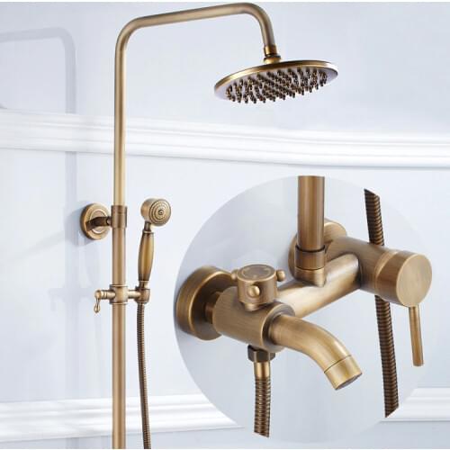 Antique Brass Shower Faucet Set 8 Inch Shower Head Hand Shower Sprayer Wall Mount 3 Functions Adjust Height Mixer Taps