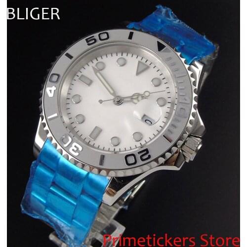 BLIGER 40mm White/Grey Dial Luminous Sapphire Glass Ceramic Bezel Automatic Movement Mens Watch