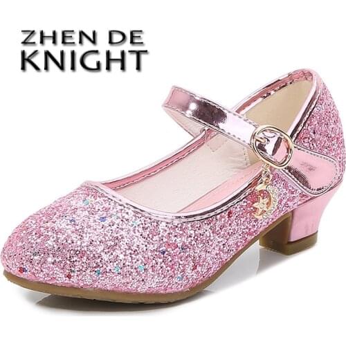 Flower Casual Pink Glitter Children 2021 Girls Shoes Butterfly Knot Size 26-38 Kids High Heel Shoes Girls Leather Shoes