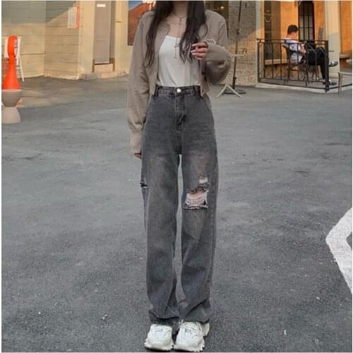 Black Ripped Hole Wide-Leg Jeans High Street Korean Trendy Denim WomenS Pants Loose High Waist Streetwear Straight-Leg Trousers