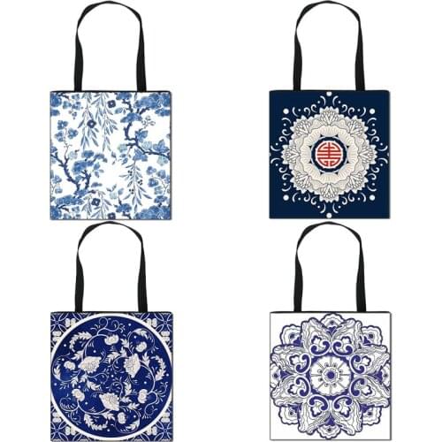 Elegant Lady Girls Daily Handbag Blue and White Porcelain Geometry Abstract Pattern Shoulder Bags Casual womens bag