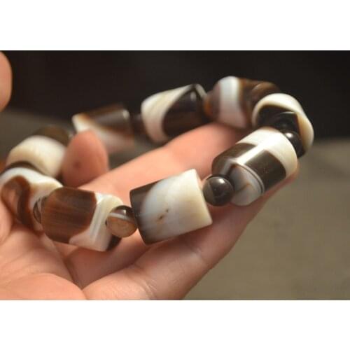 Collectible Treasure Unique Energy Magic Power Collectible Tibetan Agate Bucket Shape dZi Bead Stretchy Bracelet