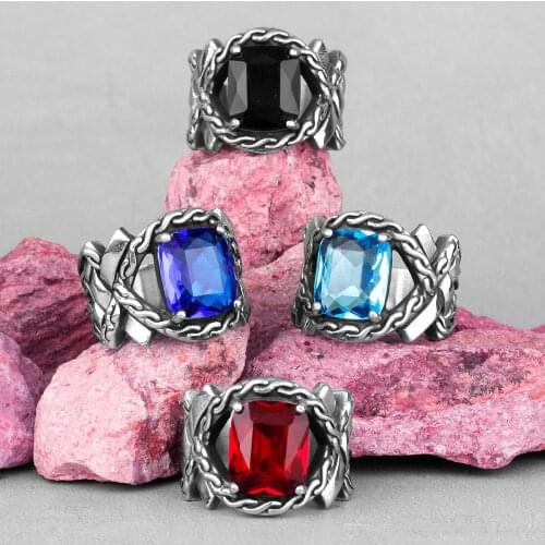 Red Blue Black Rhinestone Stainless Steel Mens Rings Punk Hip Hop For Male Boyfriend Biker Jewelry Creativity Gift Wholesale