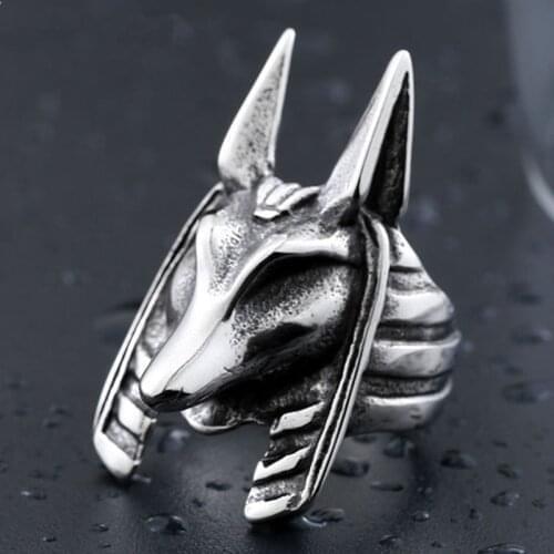 New Retro Animal Fox Head Ring Mens Ring Vintage Metal Silver-Plated Egyptian Guardian Anubis Ring Accessories Party Jewelry