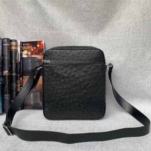 Authentic Real True Ostrich Skin Men Small Casual Flap Purse Genuine Exotic Leather Single Cross Shoulder Bag Male Messenger Bag