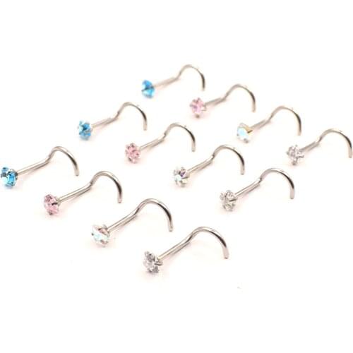 12pcs Nose Studs Set 20G Screw Tragus Ring Ear Nose Piercing Round Star Heart Cubic Zirconia Surgical Steel 4 Fashion COLOR