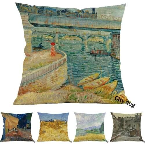 Bridges across the Seine at Asnieres Painting art Cotton and linen square pillow case Cushion cover Home sofa pillowcase Decor