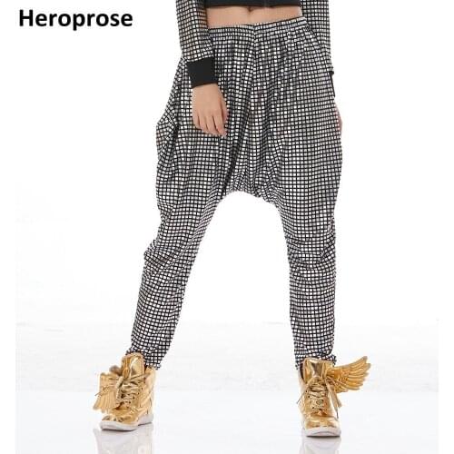 Heroprose Brand New 2018 Fashion Personality Silver Plaid Big Crotch Trousers Stage Performance Baggy Skinny Hip Hop Harem Pants