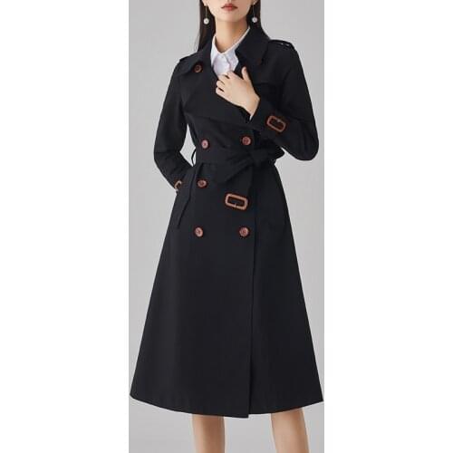 2021 spring and autumn new black coat temperament, waist over knee Hepburn windbreaker womens middle and long style
