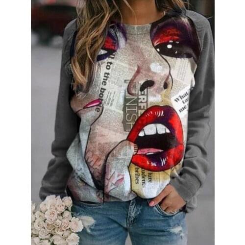 2021 Autumn Plus Size Hoodies Women Long Sleeve Red Lips Sweatshirt Causal O-neck Abstract Cartoon Loose Outwear
