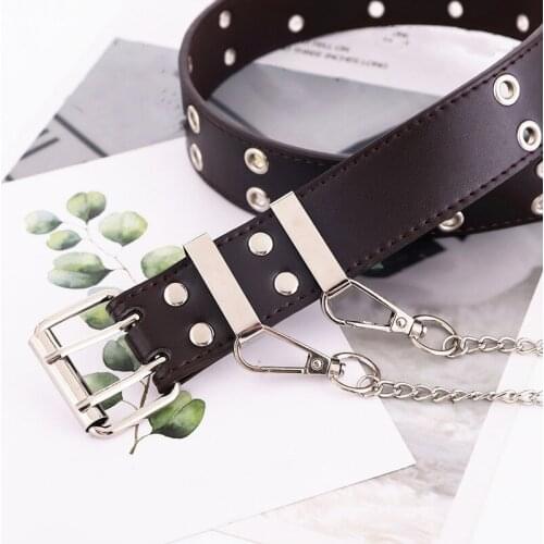 Punk Belt Women Waistband Chain Row Hole Eyelet Pu Leather Double Row Adjustable for Jeans Female Fashion Metal Decorative Belts