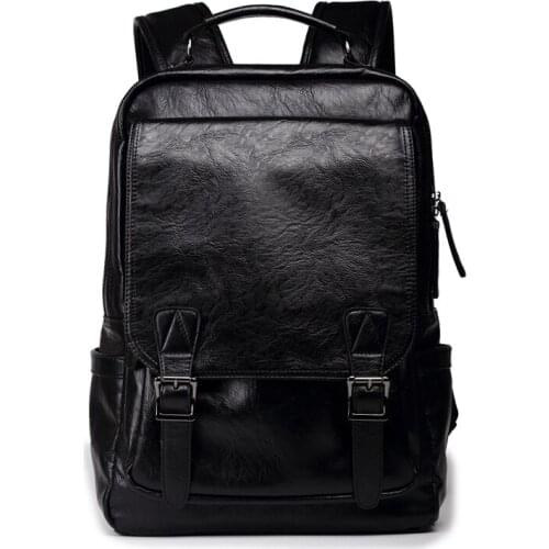 New Vintage Black Men Backpack PU Leather Waterproof Male Backpack With Double Belt Mochila Travel Bag Man Laptop Boy School Bag