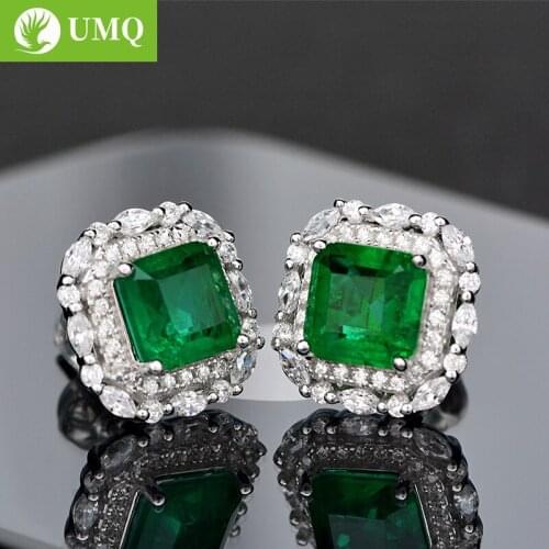 UMQ 100% 925 Sterling Silver Sparking 7*7mm Emerald Stud Earrings High Carbon Diamond Wedding Party Fine Jewelry Wholesale