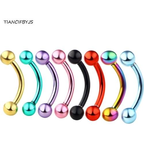 TIANCIFBYJS 100Pcs Stainless Steel Curved Banana Pircing Lip Barbell Ball Eyebrow Rings Body Piercing Jewelry MixAnodized Colors