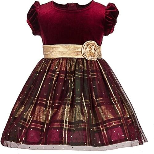 Yatheen Baby Girl 12M-2T Party Dress Spring/Autumn Fit-And-Flare velvet Dresses Knee length Golden Check Pattern Kids Dress