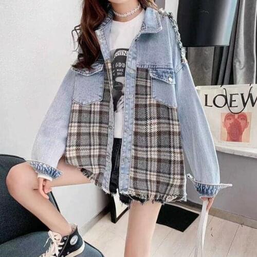 Women Denim Jackets Autumn 2021 Design Sense Lattice Splicing Street Cowboy Coat Loose Vintage Clothing Short Coat Basic Outwear