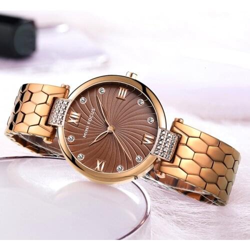 MINI FOCUS Womens Dress Quartz Watches 2019 New Luxury Simple Analog Stainless Steel Wristwatch Lady Woman Clock 0186L Coffee