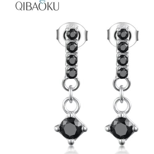 S925 Sterling Silver Stud Earrings for Women Black Zircon Mini Fine Jewelry Long Pendant Geometric Shape Piercing Earrings