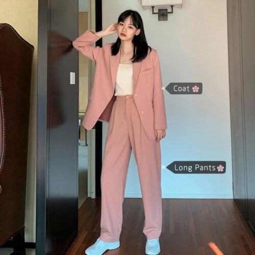 Trousers Women Suit Notched Long Casual Jacket Blazer Female+Button Wide Leg Pant 2 Piece 2021 Womens Autumn Spring Pink Outfits
