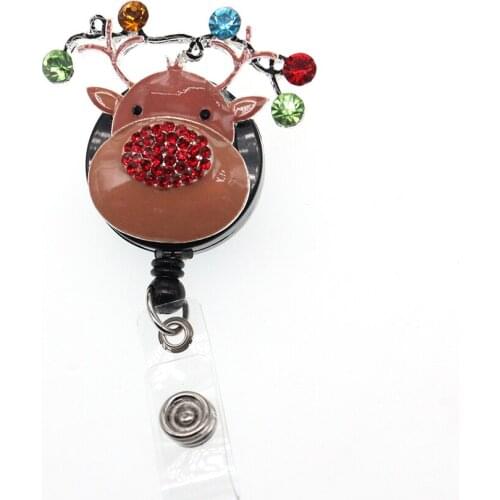 10pcs/lot Multi Color Rhinestone Enamel Deer Head Badge Holder Christmas Styles Animals Badge Reel