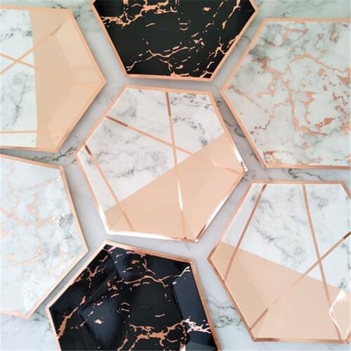 8pcs Pastel Pink with Rose Gold Paper Plates Foil Rose Marble Design Black/Pink Bridal Shower Cake Table Birthday Party Favor