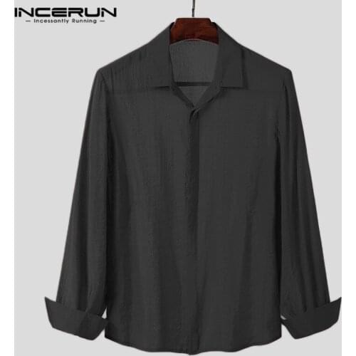 Men Transparent Shirts Long Sleeve Turn Down Collar Mesh Loose Blouse Man Solid Color Buttons Thin Shirts Streetwear 5XL INCERUN
