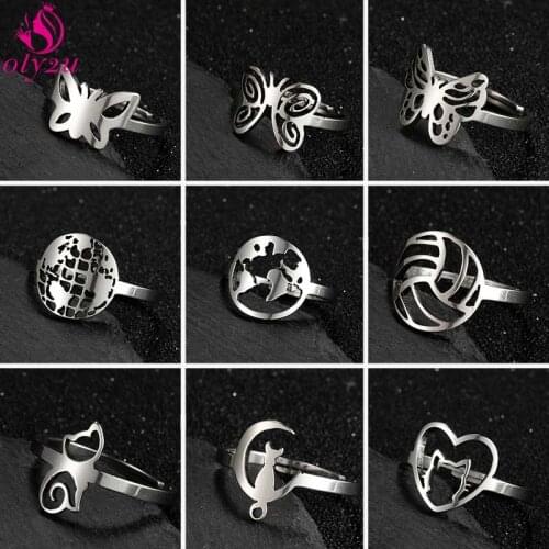 Hot Sale Gothic Harajuku Stainless Steel Butterfly Adjustable Punk Ring for Woman Man Premium Map Heart Shaped Cat Jewelry 2021