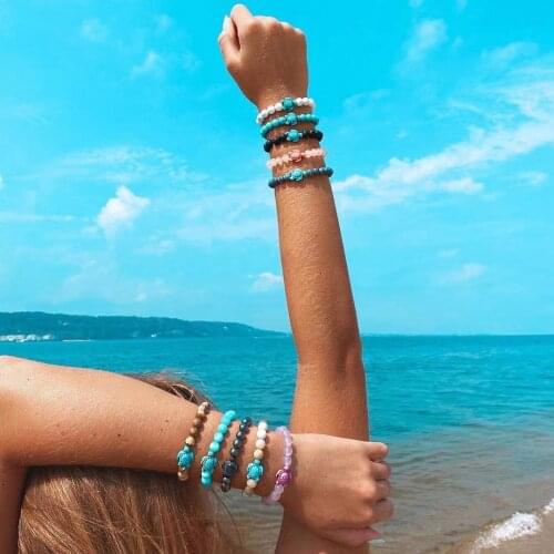 HYHONEY Couple jewelry 8mm Natural Stone Round Tortoise Charm Bracelets Men Beads Elasticity Party Bracelets For Women