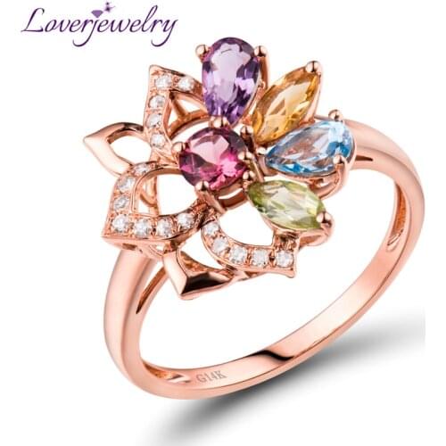 LOVERJEWELRY Colorful Tourmaline, Peridot, Amethyst, Topaz Ring Real 14K Rose Gold Natural Diamond Beautiful Jewelry for Girl