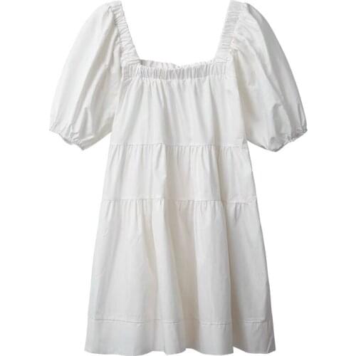 Sweet Girl Summer Mini Dress Women Casual Solid Puff Sleeves Dress Korean Style Cotton Linen Loose Vestido Plus Size Dress L-7XL