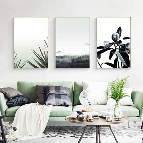 Minimalist Poster Green Botanical Canvas Painting Loquat Leaves Art Print Mountain View Wall Picture for Living Room Home Decor
