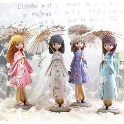 Cartoon kawaii Umbrella Girls Figurines Japan Kimono Girl Resin Crafts Miniature Figurines Birthday Gift Statuette Decoration