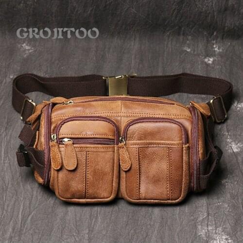 GROJITOO New mens leather mobile phone bag large capacity bag, frosted cowhide waist bag sports Single Shoulder Messenger Bag