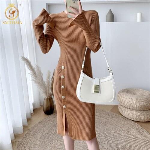 SMTHMA 2021 New Autumn Winter Women Thick Sweater Dress Robe Female Knitted Sexy Side Split Single Breasted Slim Dress Vestidos