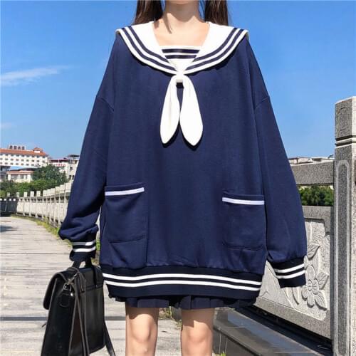 Japanese Preppy Style New Oversized Sweatshirt Sweet Sailor Collar Bow Cute Rabbit Ears Full Sleeve Fleece Keep Warm Sweatshirt