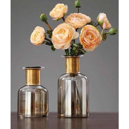 Modern Hydroponic Flower Vase Decoration Brown Glass Vase with Metal Ring Glass Bottle Wine Cabinet Display Home Decoration