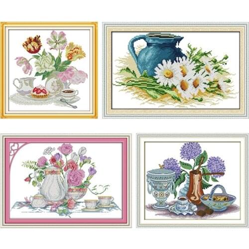 Vase Cross Stitch Kits Pink Rose Table Stamped Patterns Counted 11CT 14CT Printed Handmade DMC Thread Embroidery Needlework Sets