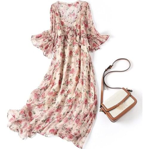 High Quality Summer Dress 2021 100% Silk Dress Female Long Dresses for Women Casual Pink Sundresses Vestido De Mujer Pph4492