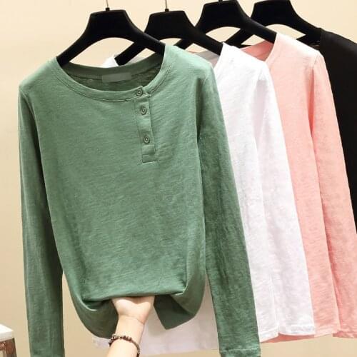 2021 Women Spring Fall Casual T-Shirt Fashion Korea Round Neck T shirt Cotton Long Sleeve Tops Pink Green White Plus Size