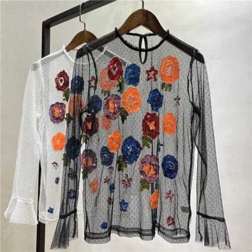 3D Flower Lace T Shirts Women Transparent Lace Pullovers Sexy Women 3D Flower Sequined T Shirts Tops
