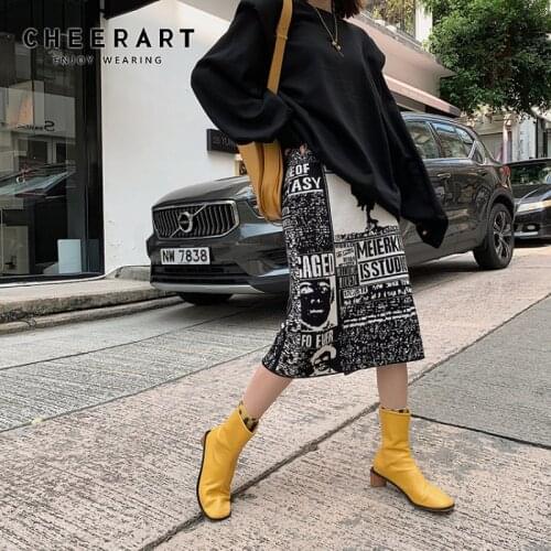 CHEERART Newspaper Print Wrap Sweater Skirt Women Winter Knitted Elastic High Waist Knee Length Warm Ladies Skirt Streetwear
