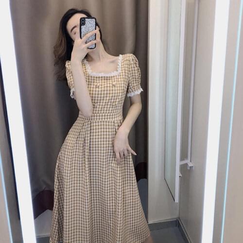 Women Dress 2020 New Korean Summer Chiffon Casual Square Collar Plaid Short Pullover X Small Fresh All-Match Girls Dress