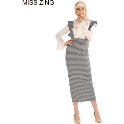 Zing Fashion Women Flounce Belt Skirt Dress Overalls Rompers Elegant Leisure Muslim Bottoms Ankle-Length Party Islamic Clothing