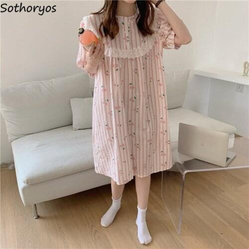 Women Short Sleeve Nightgowns Lace O-neck Girls Sweet Cute Sleepwear Nightdress Summer Casual Home Lounge Korean Style Loose New