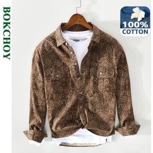 2021 Spring New Men Print Cotton Shirt Bohemia Long Sleeve Button Up Casual Z129