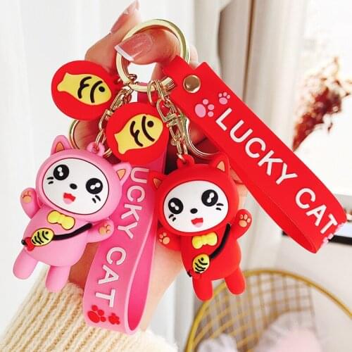 Maneki Neko Lion Dance Anime China Doll Keychain For Women Rubber Trinkle Key Ring Chains Car Bag Charm For Girl Boy Gift D823